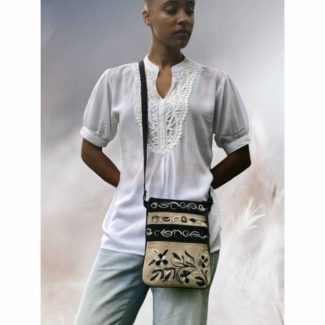 Suede Embroidered Gray And Navy Five Zipper Cross Body Bag