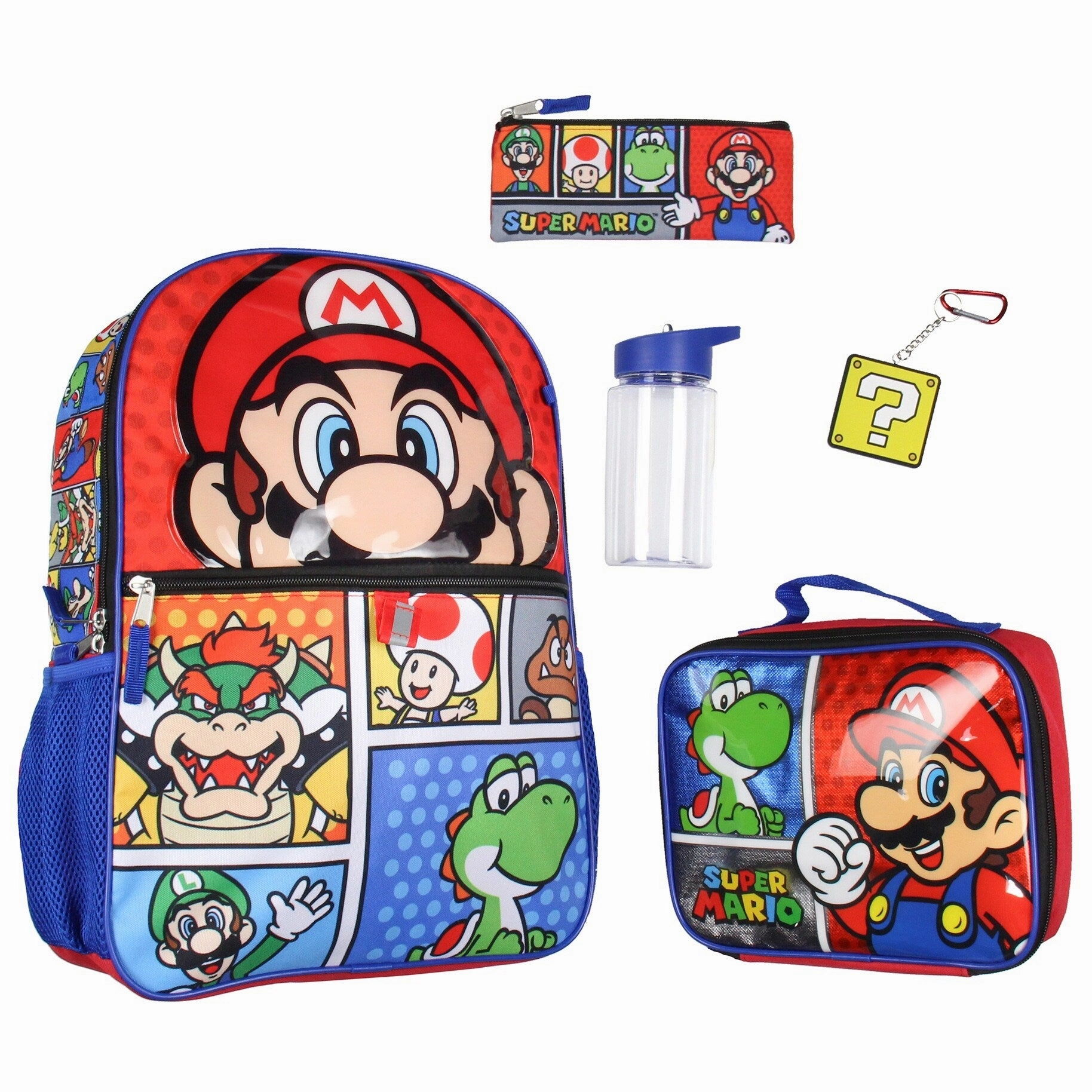 Super Mario Backpack 5-Piece 16" Backpack Set With Detachable Lunch Tote Water Bottle Pencil Case and Rubber Charm Keychain