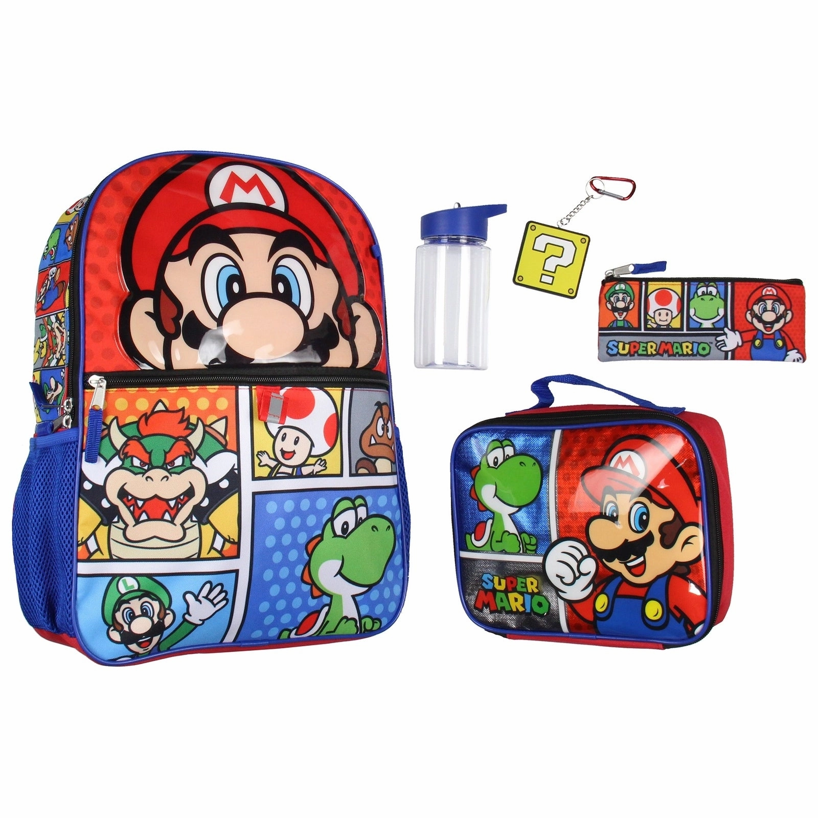 Super Mario Backpack 5-Piece 16" Backpack Set With Detachable Lunch Tote Water Bottle Pencil Case and Rubber Charm Keychain