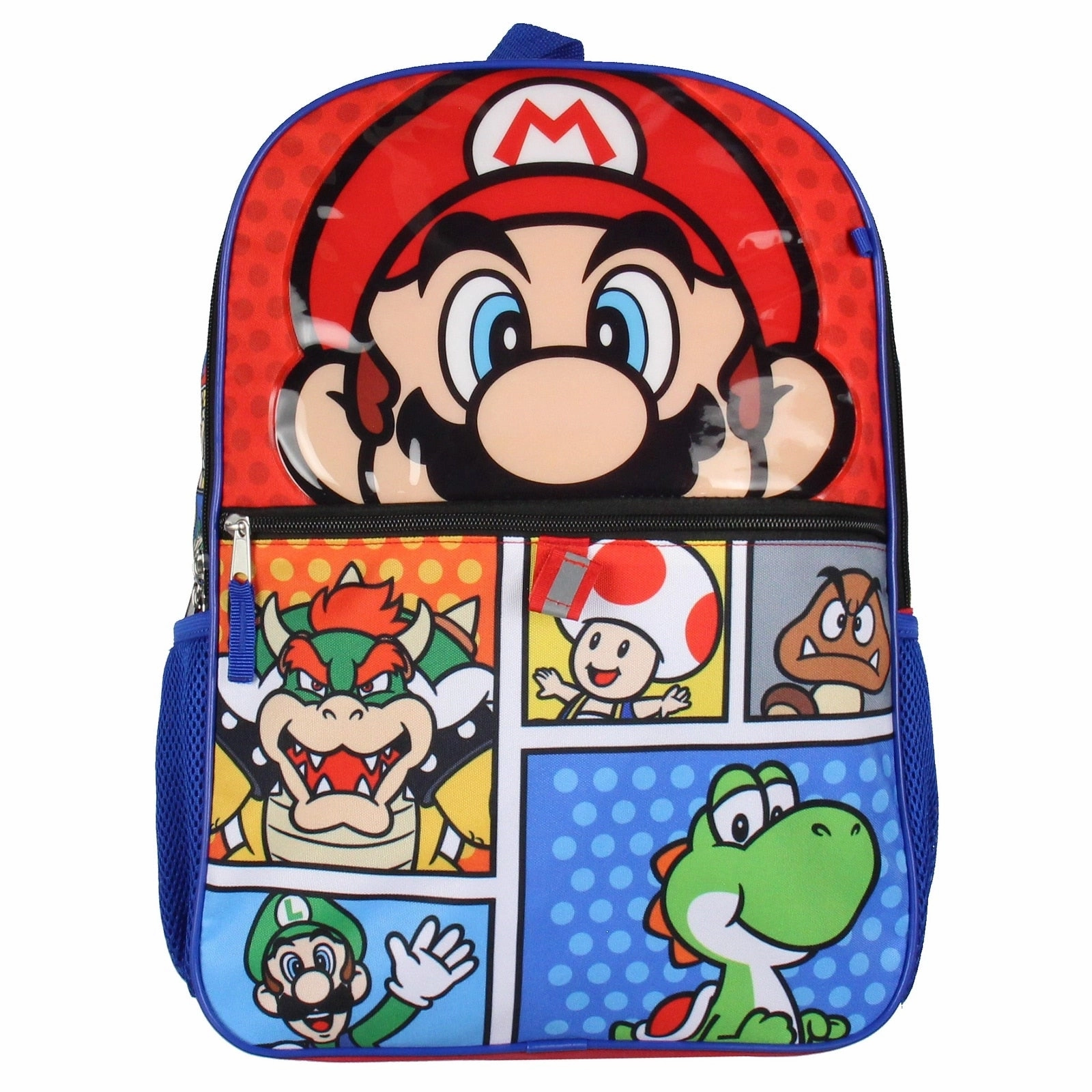 Super Mario Backpack 5-Piece 16" Backpack Set With Detachable Lunch Tote Water Bottle Pencil Case and Rubber Charm Keychain