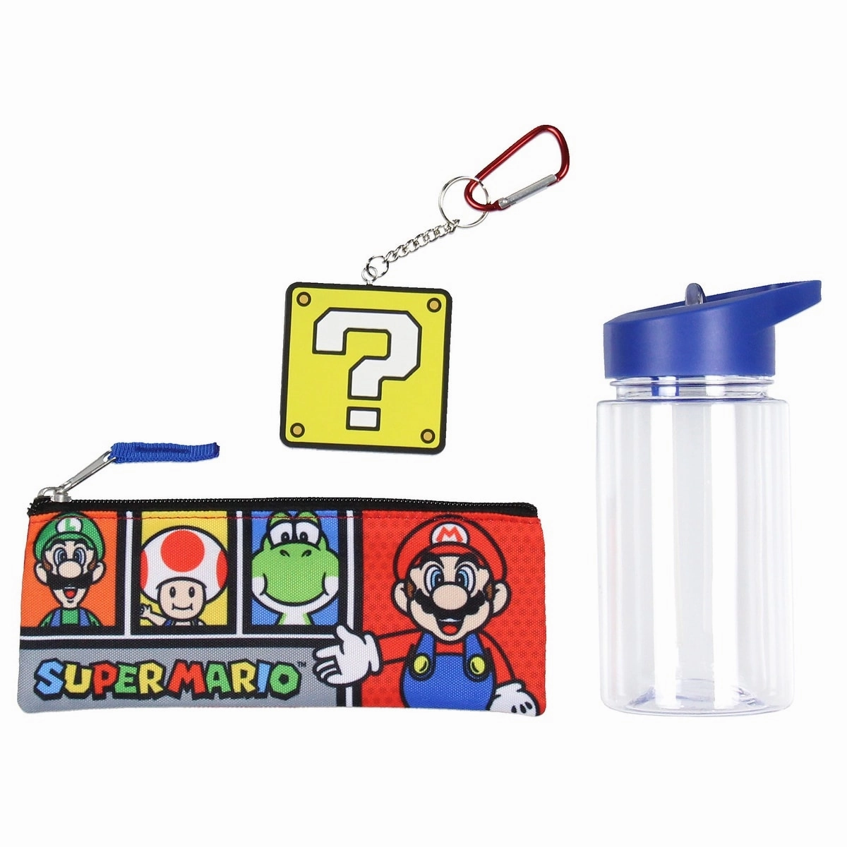 Super Mario Backpack 5-Piece 16" Backpack Set With Detachable Lunch Tote Water Bottle Pencil Case and Rubber Charm Keychain