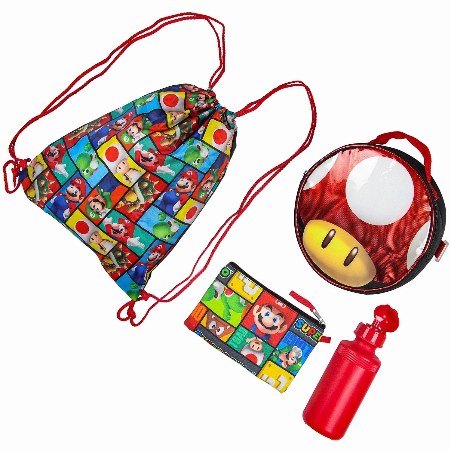 Super Mario Backpack with Detachable Mushroom Lunch Tote 16 Inch 5 Piece Set - One Size