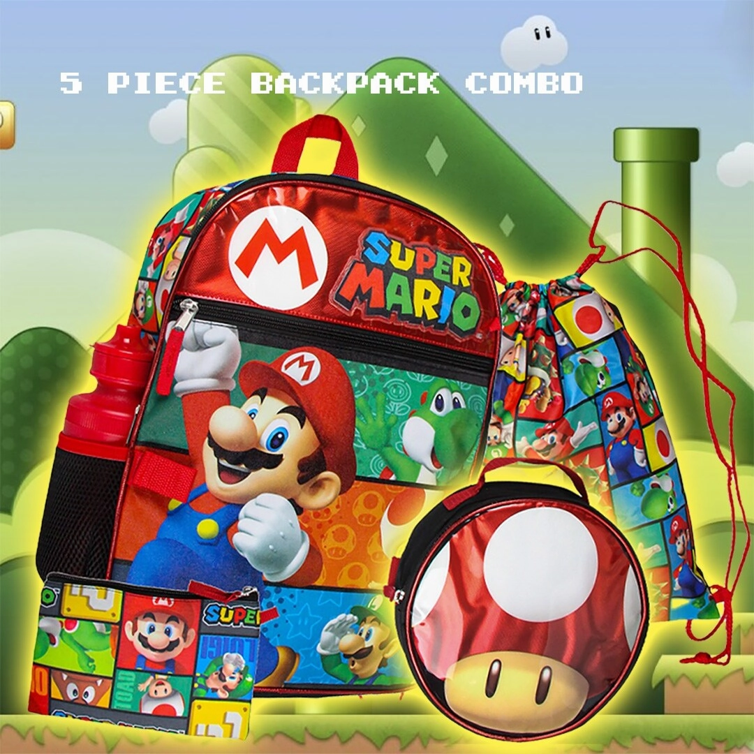 Super Mario Backpack with Detachable Mushroom Lunch Tote 16 Inch 5 Piece Set - One Size
