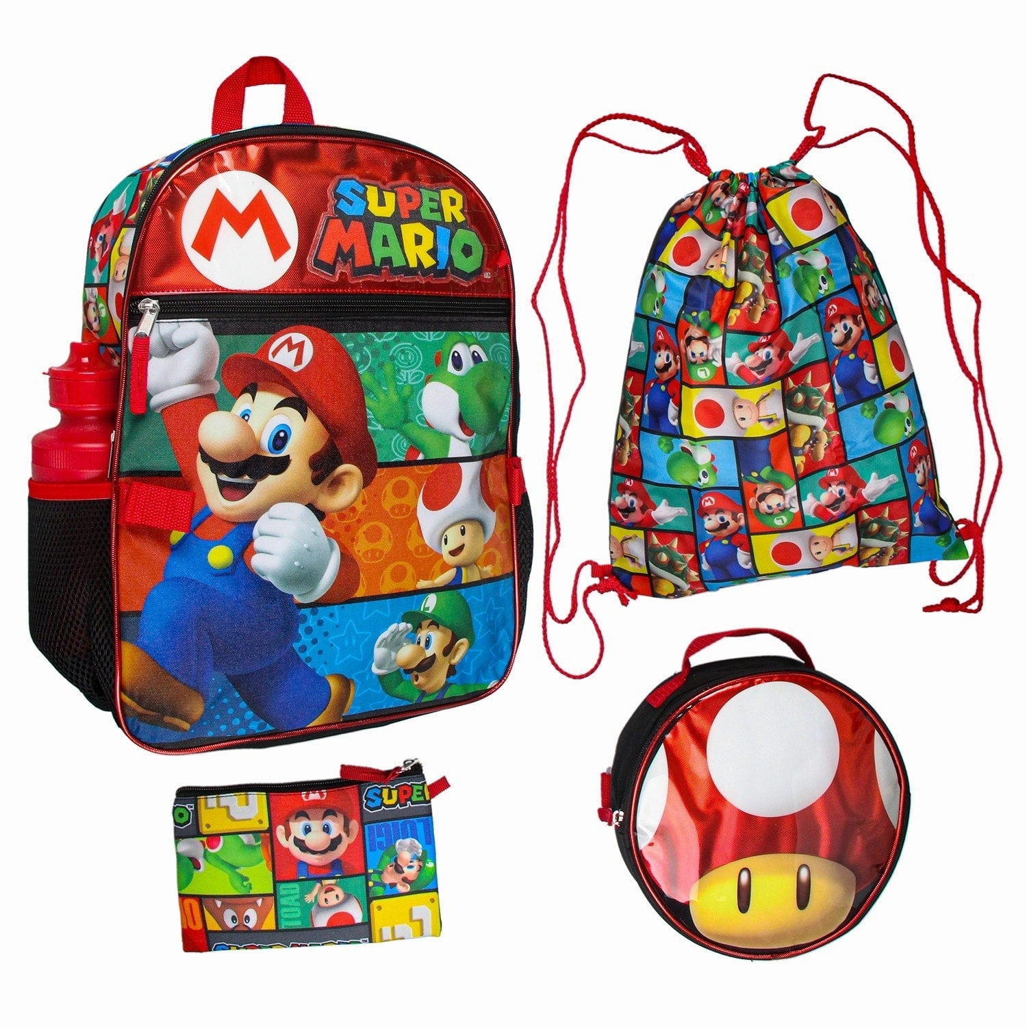 Super Mario Backpack with Detachable Mushroom Lunch Tote 16 Inch 5 Piece Set - One Size