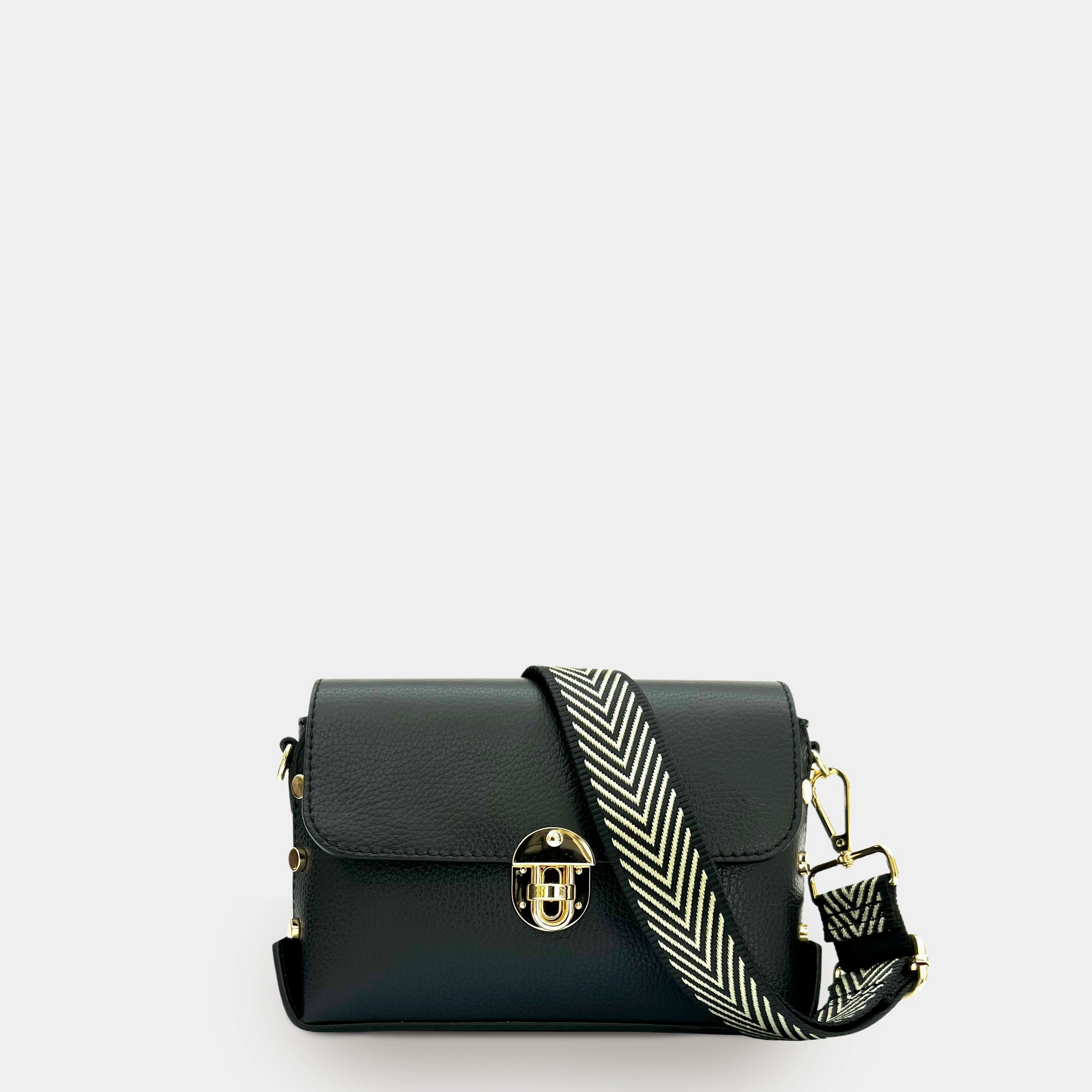 The Bloxsome Black Leather Crossbody Bag With Black & Gold Chevron Strap