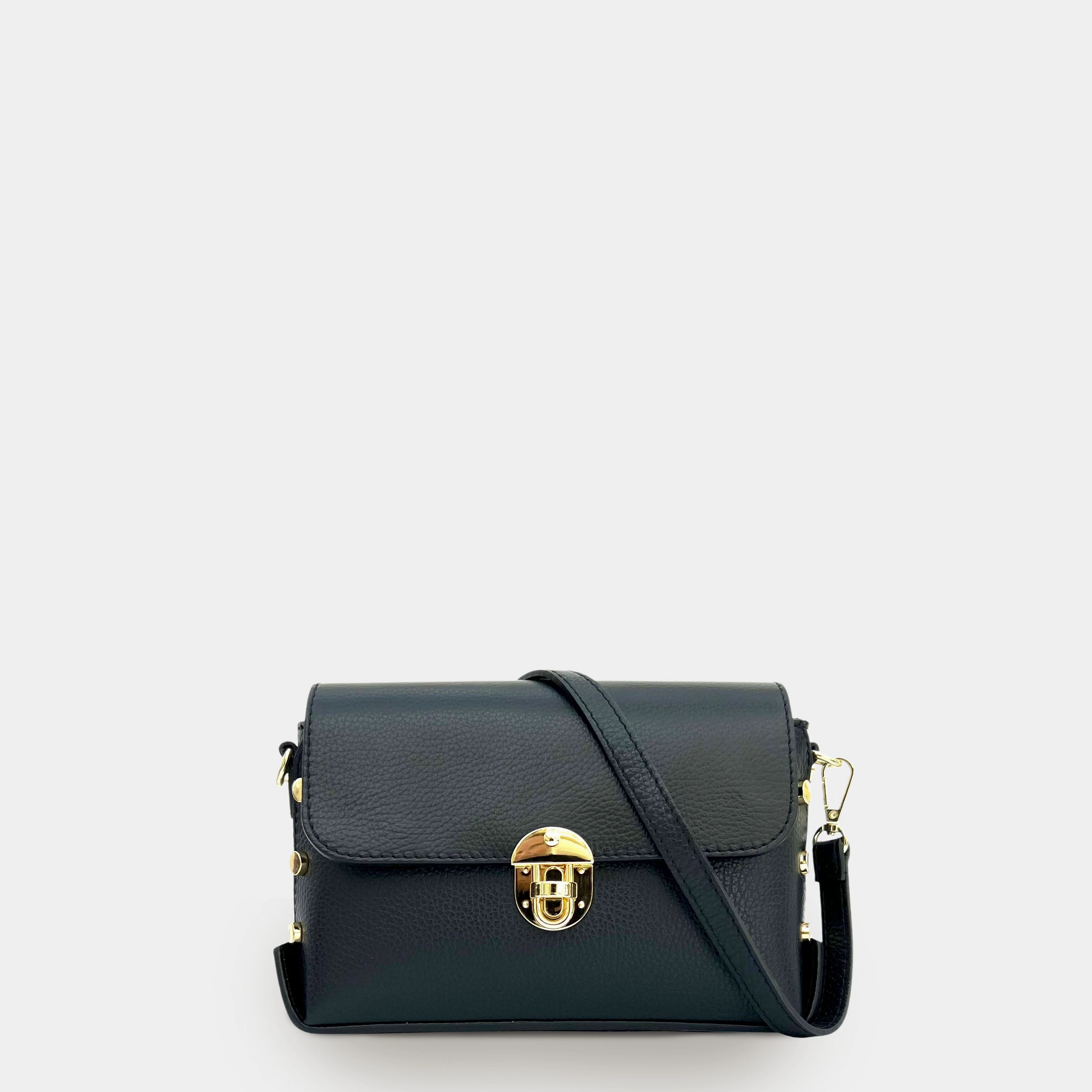 The Bloxsome Black Leather Crossbody Bag With Black & Gold Chevron Strap