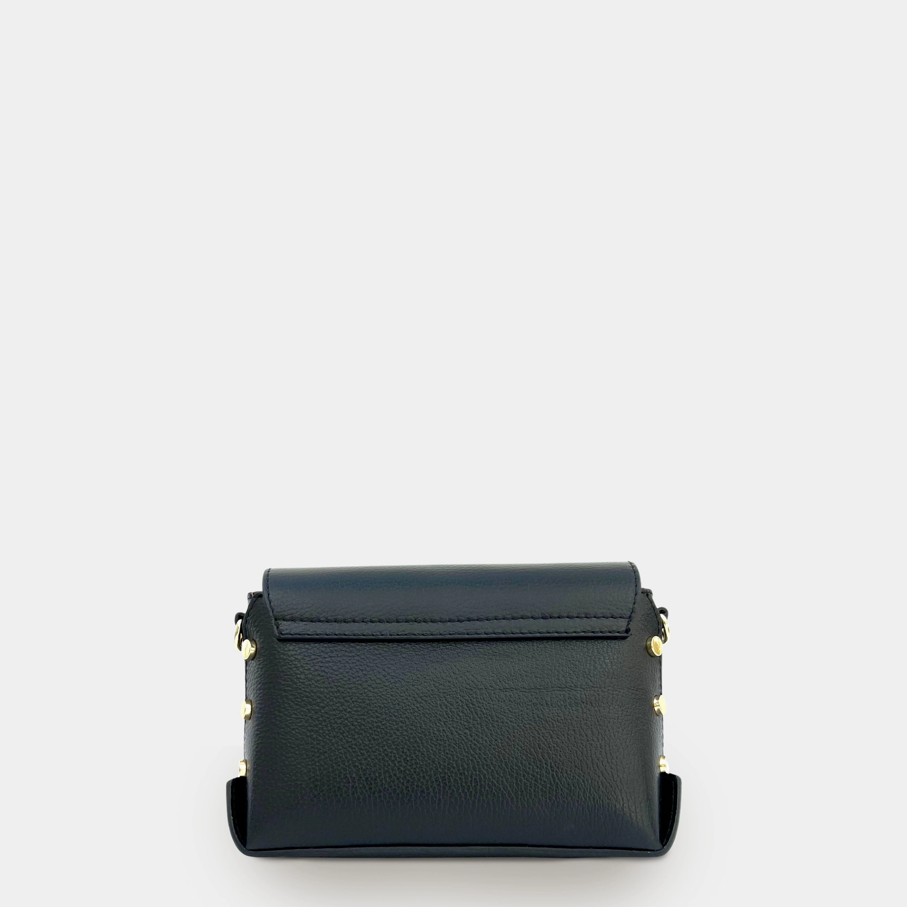 The Bloxsome Black Leather Crossbody Bag With Black & Gold Chevron Strap