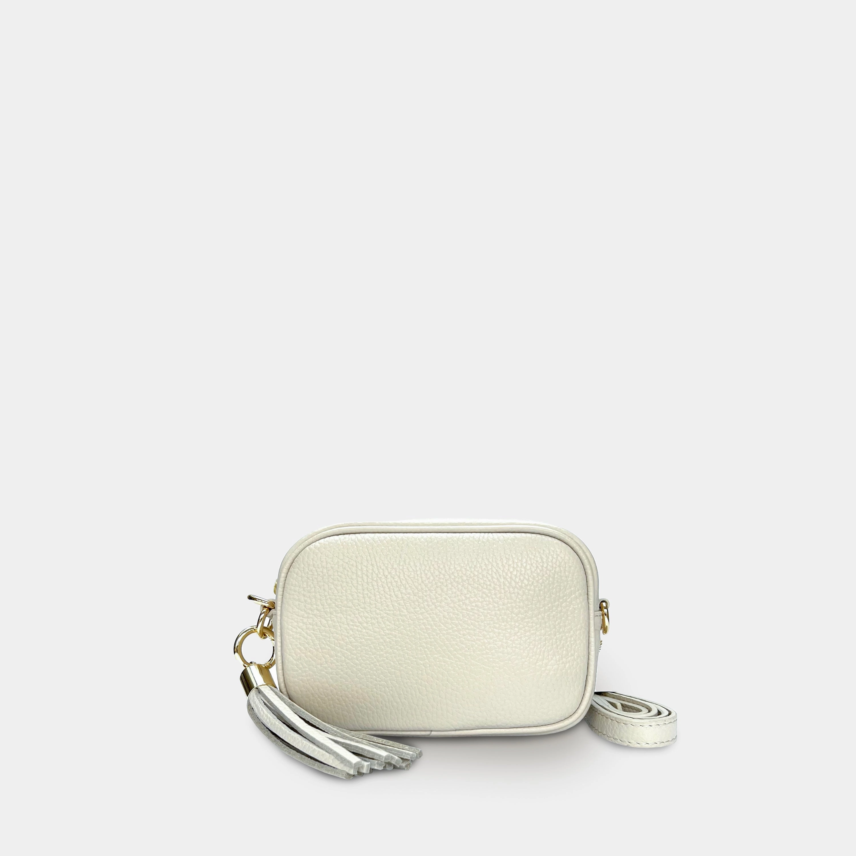 The Mini Tassel Stone Leather Phone Bag With Red Cross-Stitch Strap