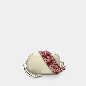 The Mini Tassel Stone Leather Phone Bag With Red Cross-Stitch Strap