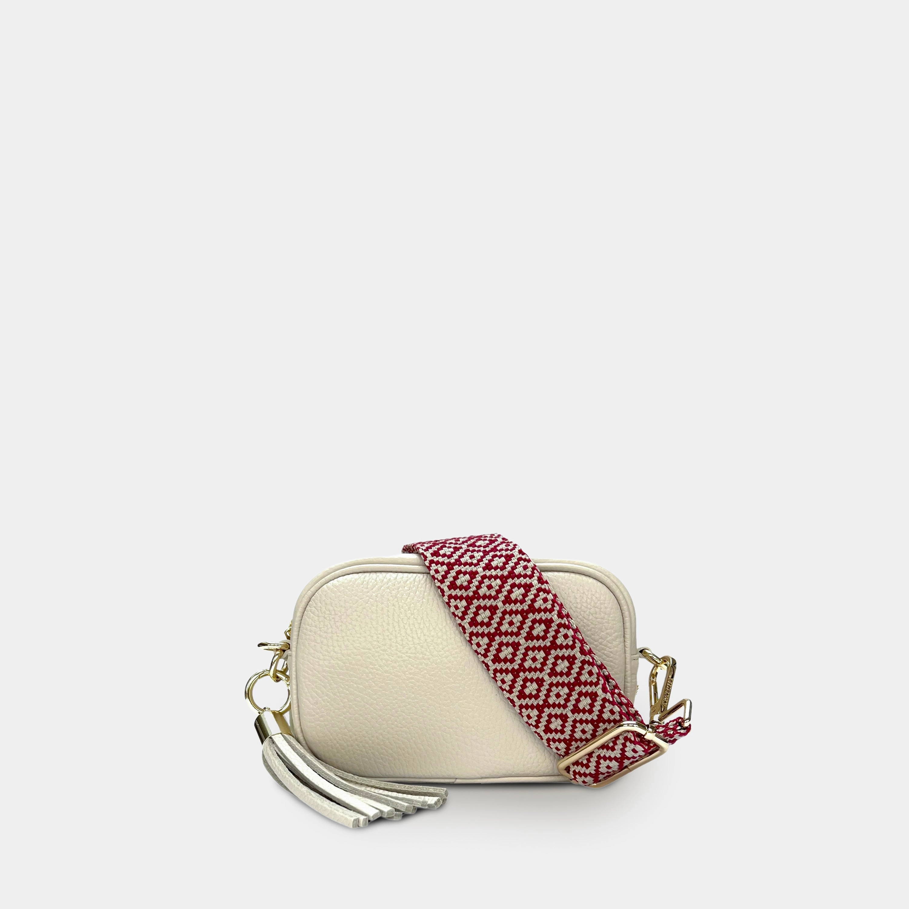 The Mini Tassel Stone Leather Phone Bag With Red Cross-Stitch Strap