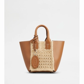 Tod's Double Up Shopping Bag in Leather and Raffia Mini