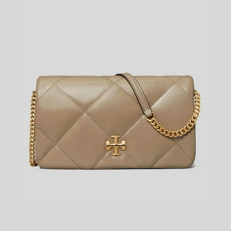 TORY BURCH Kira Diamond Quilt Chain Wallet Taupe Oak 158624