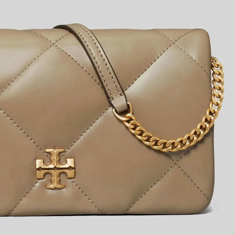 TORY BURCH Kira Diamond Quilt Chain Wallet Taupe Oak 158624