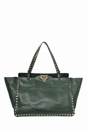 Valentino Green Leather Rockstud Tote with Strap