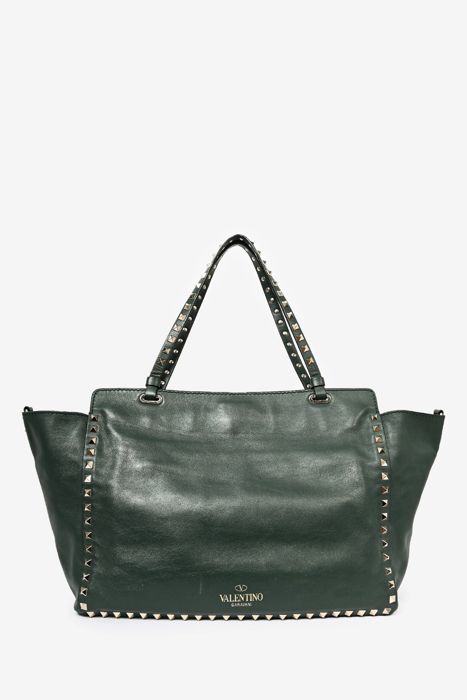 Valentino Green Leather Rockstud Tote with Strap
