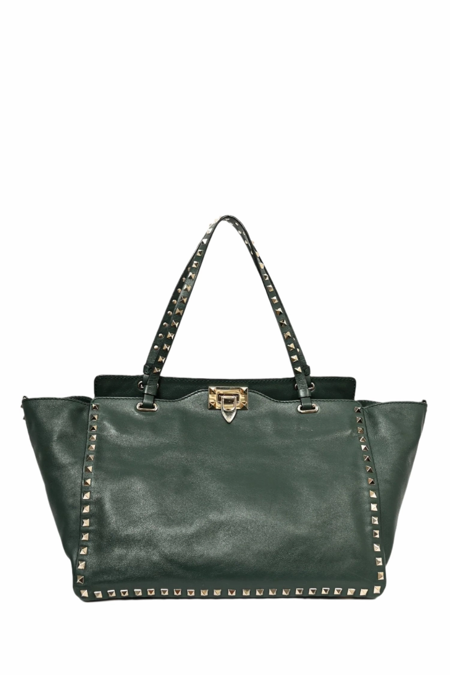 Valentino Green Leather Rockstud Tote with Strap