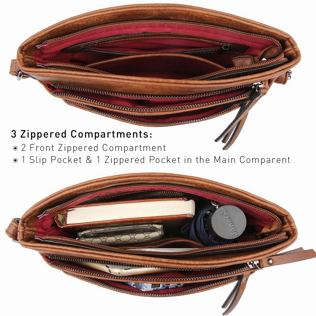 Vegan Leather Women Large Crossbody Bag Triple Zip Handbag Shoulder Purse 10.6in W