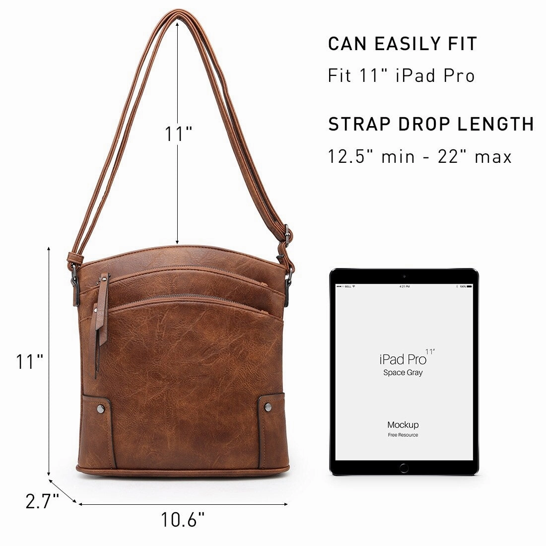 Vegan Leather Women Large Crossbody Bag Triple Zip Handbag Shoulder Purse 10.6in W