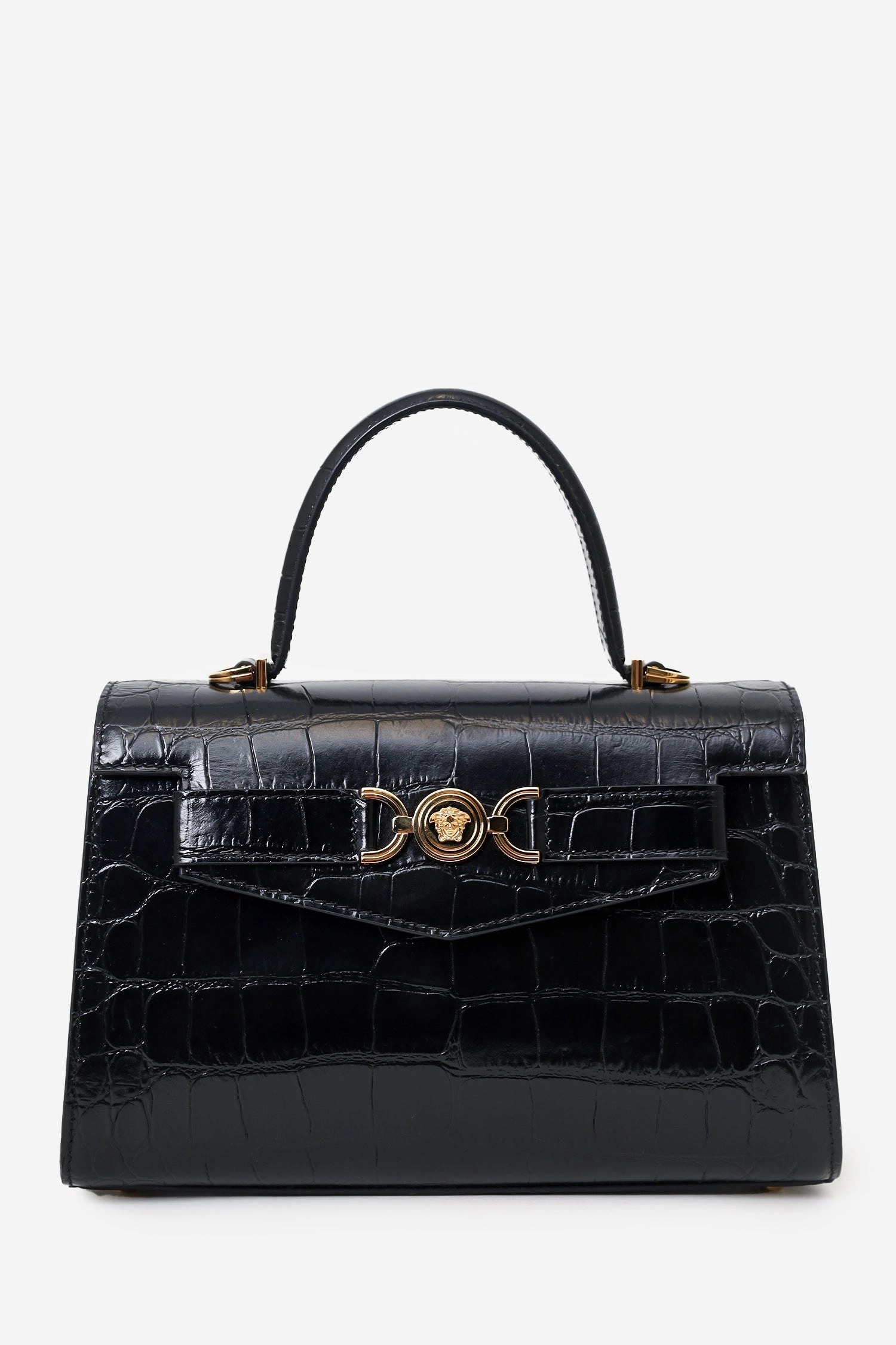Versace Black Croc-Effect Medusa '95 Mediuml Top Handle Bag with Strap