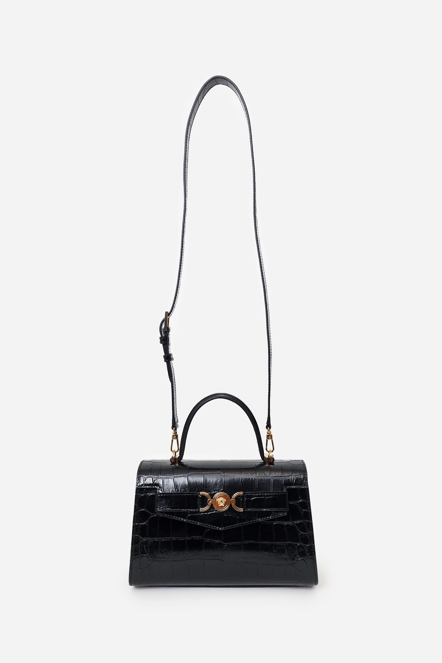 Versace Black Croc-Effect Medusa '95 Mediuml Top Handle Bag with Strap