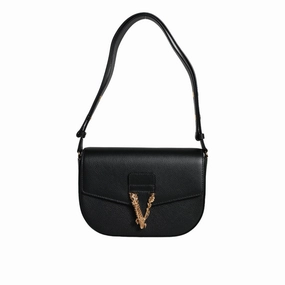 Versace Black Grainy Calf Leather Logo Crossbody Shoulder Women's Bag