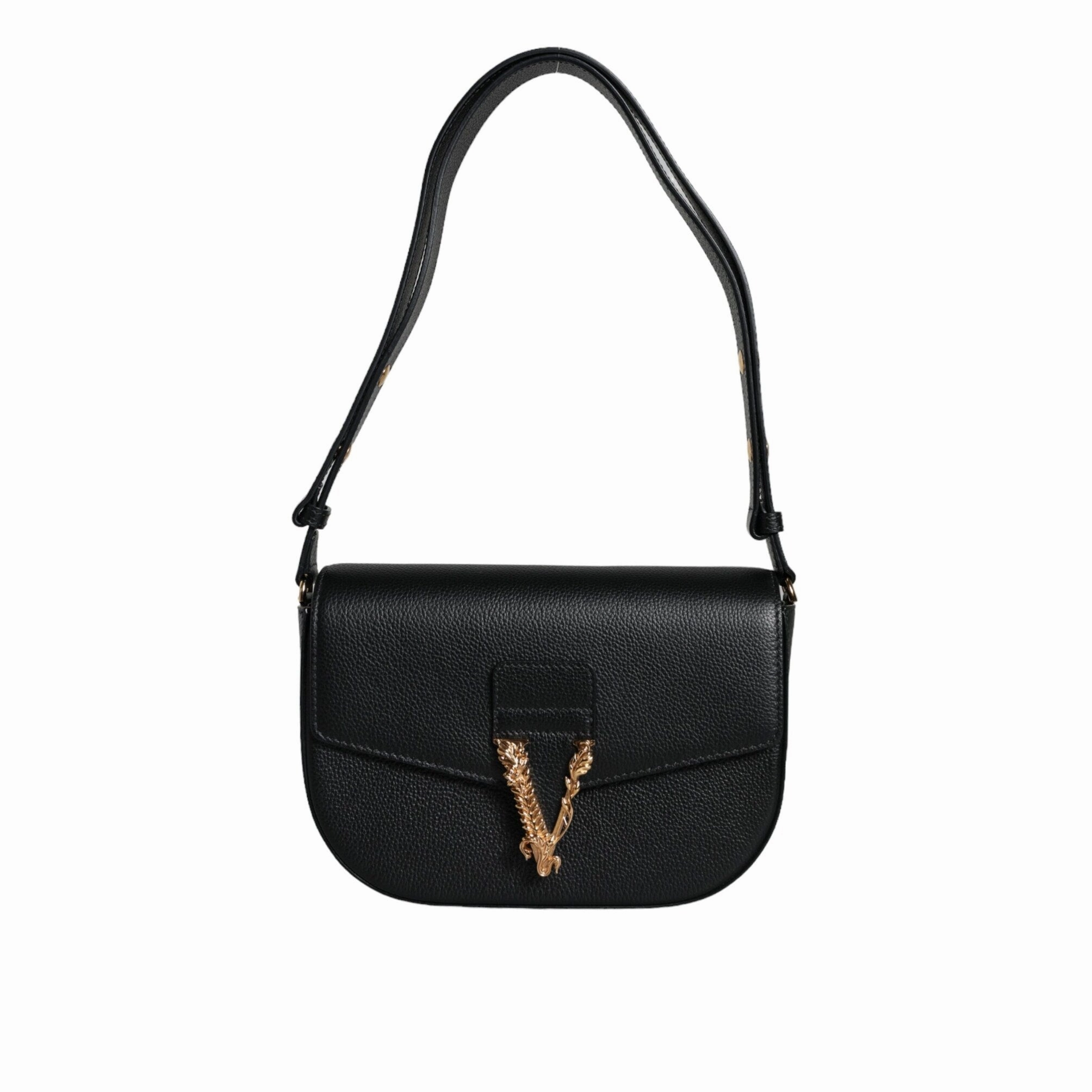 Versace Black Grainy Calf Leather Logo Crossbody Shoulder Women's Bag