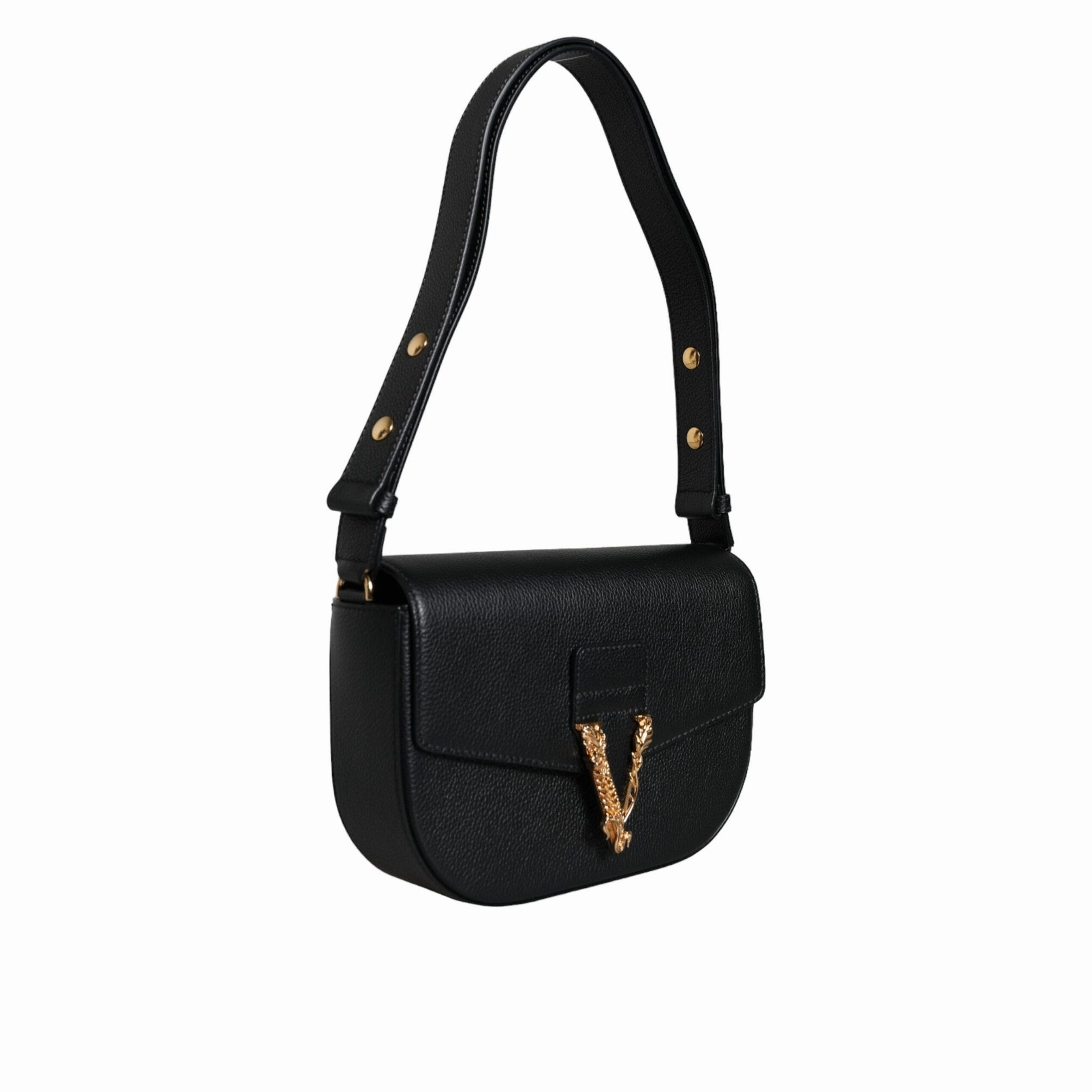 Versace Black Grainy Calf Leather Logo Crossbody Shoulder Women's Bag