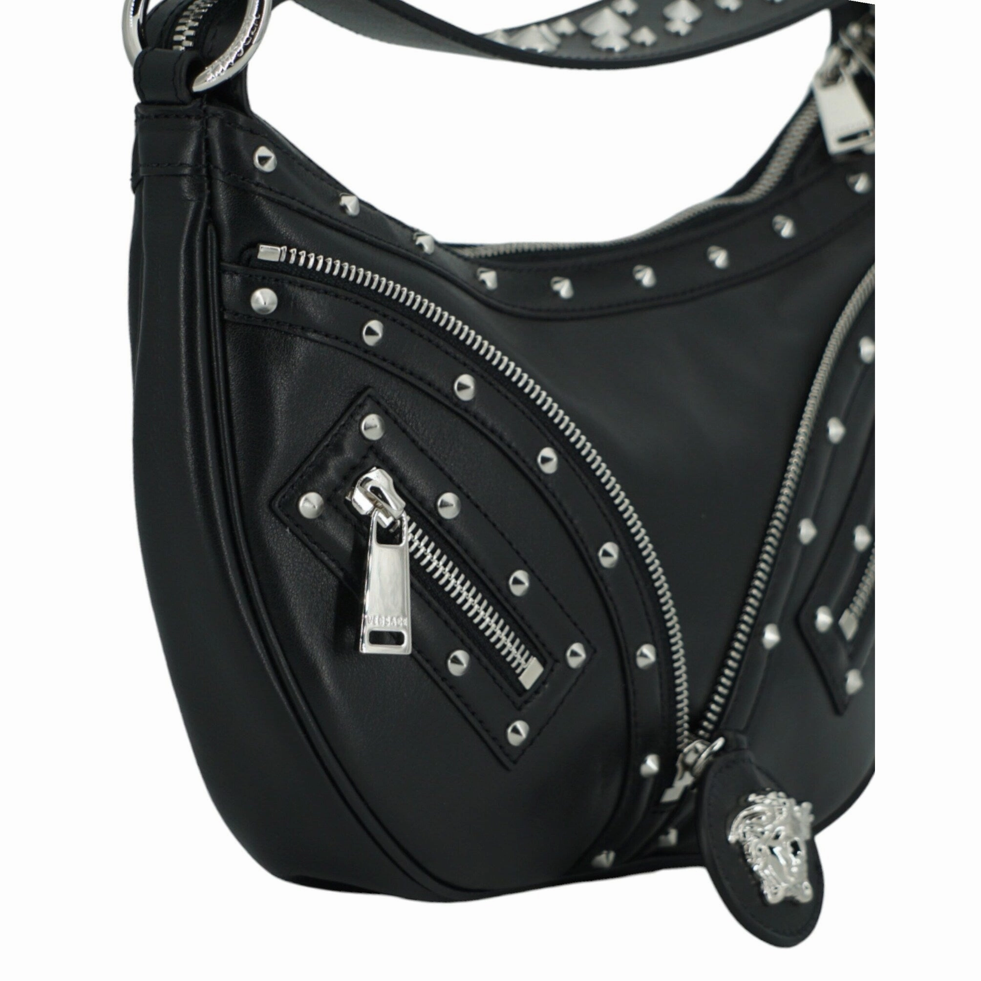 Versace Elegant Black Leather Hobo Shoulder Women's Bag