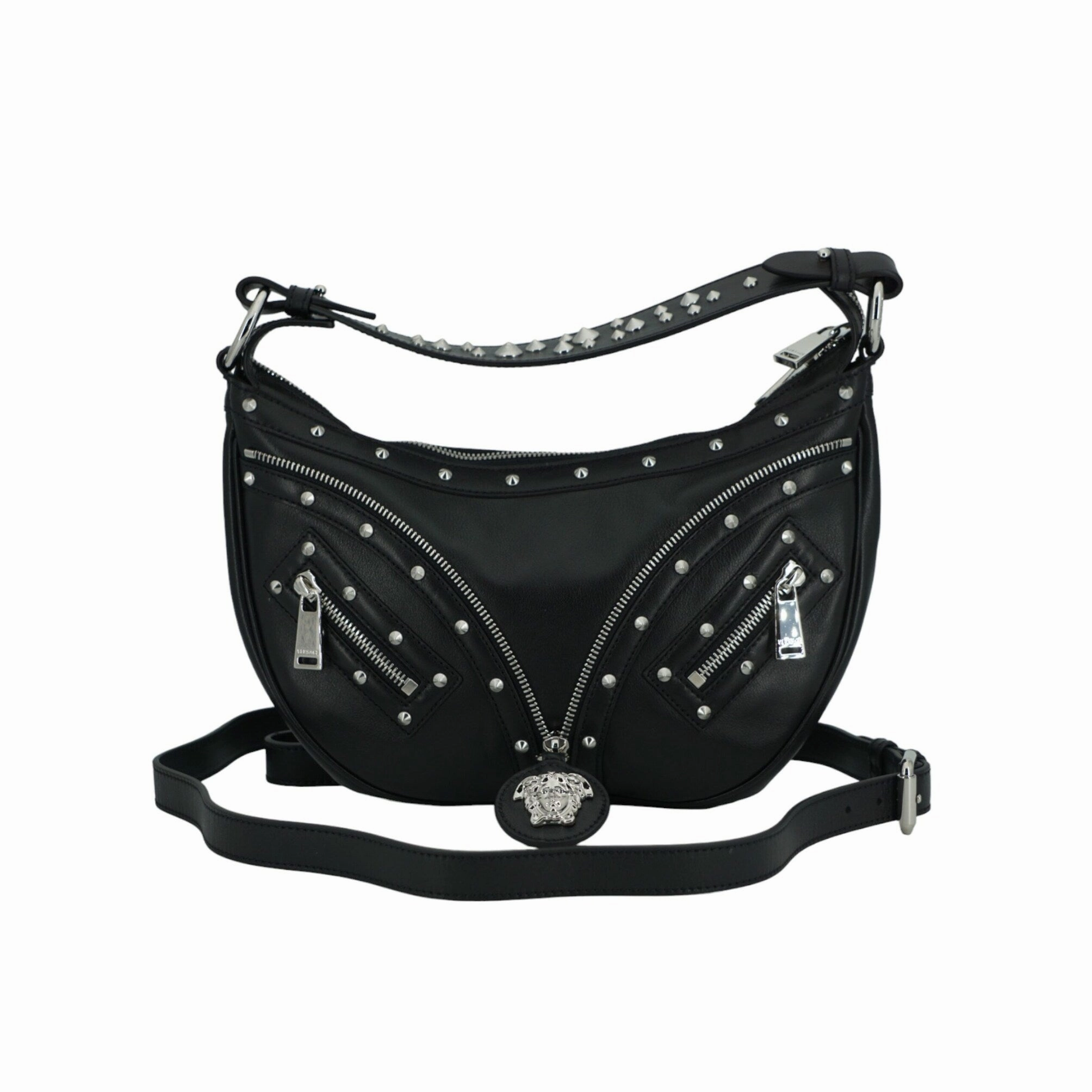 Versace Elegant Black Leather Hobo Shoulder Women's Bag