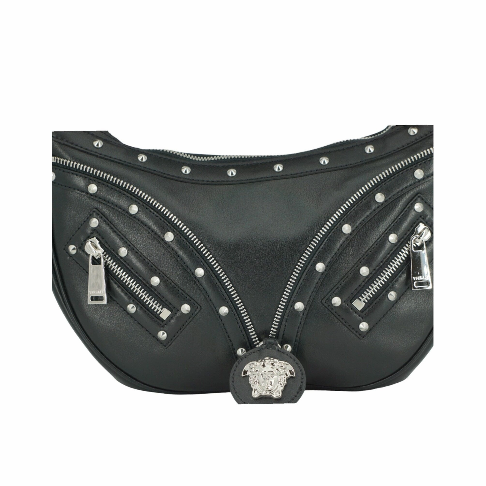 Versace Elegant Black Leather Hobo Shoulder Women's Bag