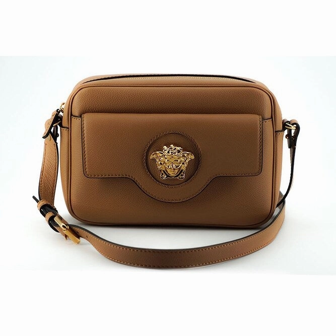 Versace Elegant Brown Leather Camera Case Shoulder Women's Bag