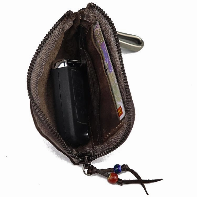 Vintage Brown Leather Men's Car Key Wallet Black Zipper Key Wallet For Men