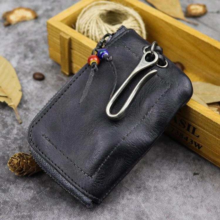 Vintage Brown Leather Men's Car Key Wallet Black Zipper Key Wallet For Men