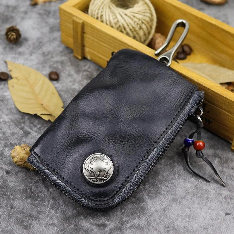Vintage Brown Leather Men's Car Key Wallet Black Zipper Key Wallet For Men