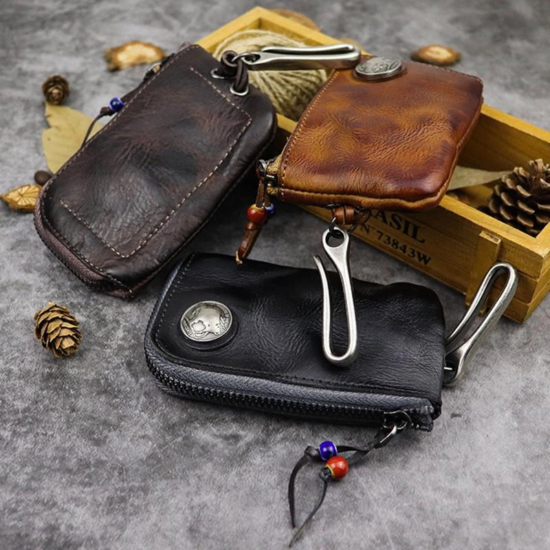 Vintage Brown Leather Men's Car Key Wallet Black Zipper Key Wallet For Men