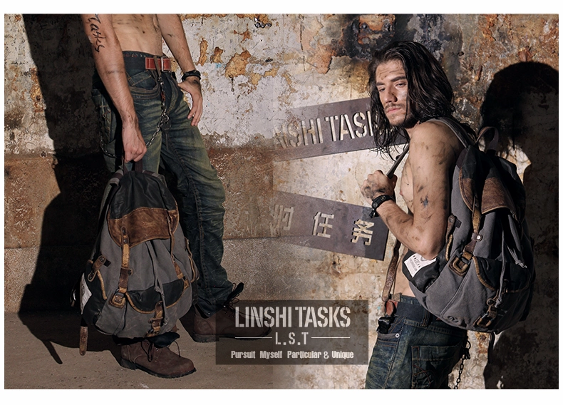 Vintage Canvas Leather Mens Large Washed Gray Backpack School Backpack Canvas Travel Backpack For Men
