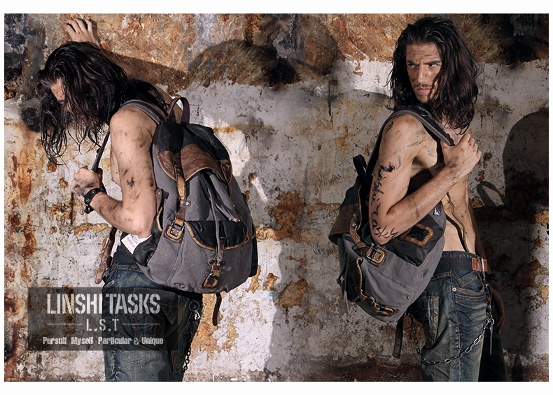 Vintage Canvas Leather Mens Large Washed Gray Backpack School Backpack Canvas Travel Backpack For Men