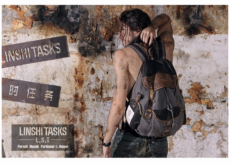Vintage Canvas Leather Mens Large Washed Gray Backpack School Backpack Canvas Travel Backpack For Men
