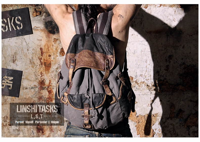 Vintage Canvas Leather Mens Large Washed Gray Backpack School Backpack Canvas Travel Backpack For Men
