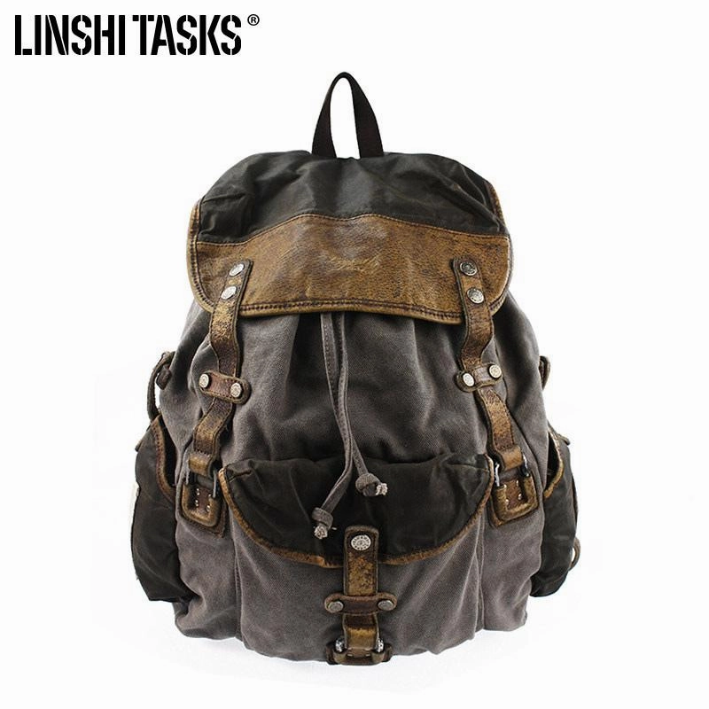 Vintage Canvas Leather Mens Large Washed Gray Backpack School Backpack Canvas Travel Backpack For Men