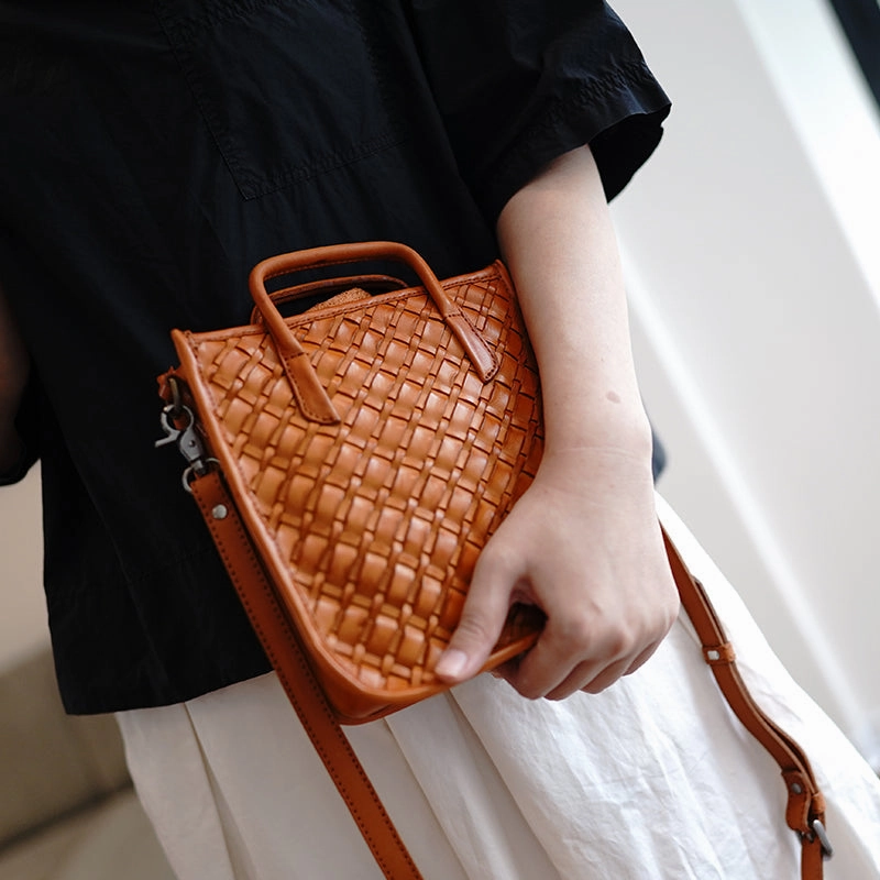 Vintage Coffee Leather Braided Vertical Handbag Women Crossbody Vertical Tote Purse for Women