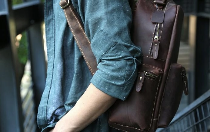 Vintage Coffee Mens Leather Backpack Travel Backpacks Laptop Backpack for men