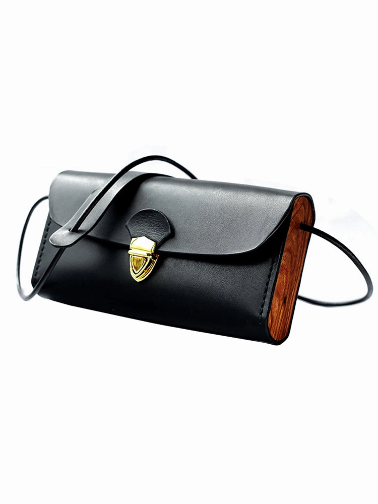 Vintage LEATHER Wooden WOMEN Small Cell Phone SHOULDER BAG Crossbody Purse FOR WOMEN