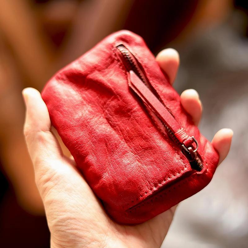 Vintage Slim Brown Leather Mens Coin Wallet Zipper Coin Holder Brown Change Pouch For Men