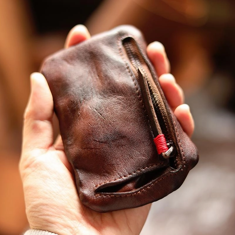 Vintage Slim Coffee Leather Mens Coin Wallet Zipper Coin Holder Change Pouch For Men