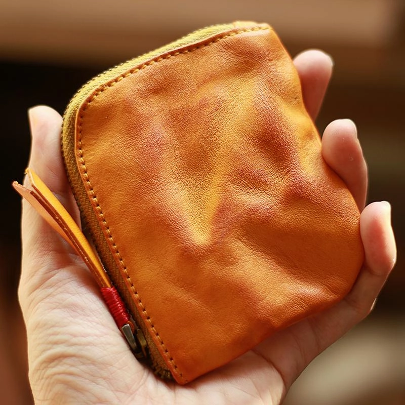 Vintage Slim Coffee Leather Mens Coin Wallet Zipper Coin Holder Change Pouch For Men