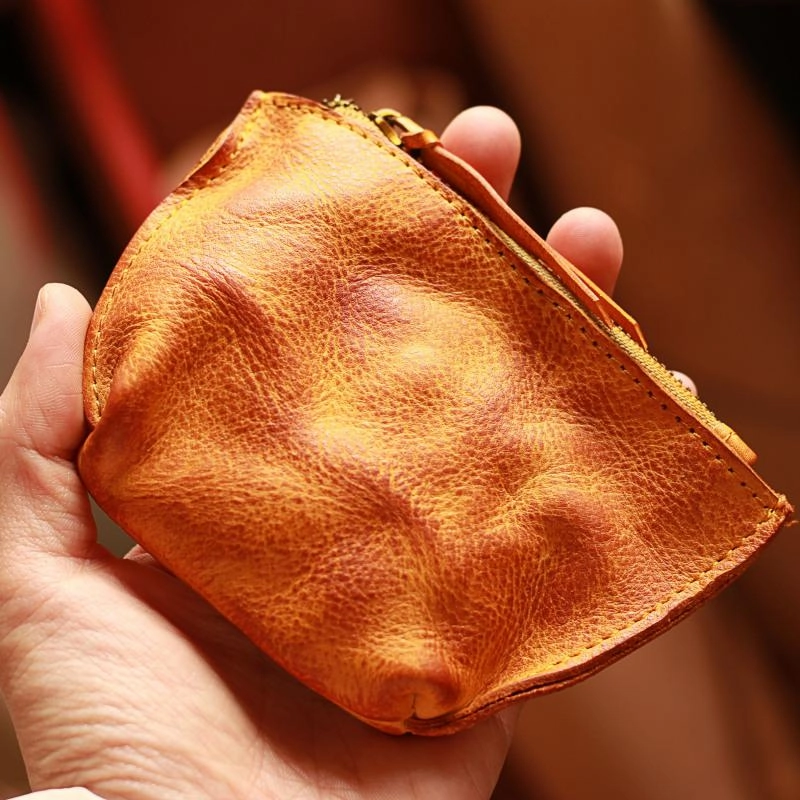Vintage Slim Coffee Leather Mens Coin Wallet Zipper Coin Holder Change Pouch For Men