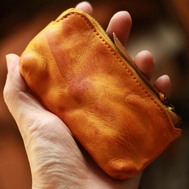 Vintage Slim Red Leather Mens Coin Wallet Zipper Coin Holder Change Pouch For Men
