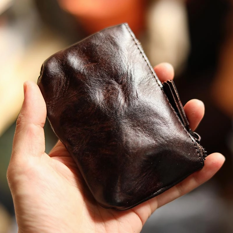 Vintage Slim Red Leather Mens Coin Wallet Zipper Coin Holder Change Pouch For Men