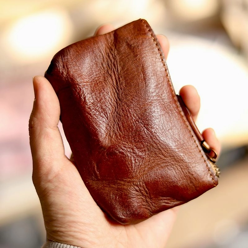 Vintage Slim Red Leather Mens Coin Wallet Zipper Coin Holder Change Pouch For Men